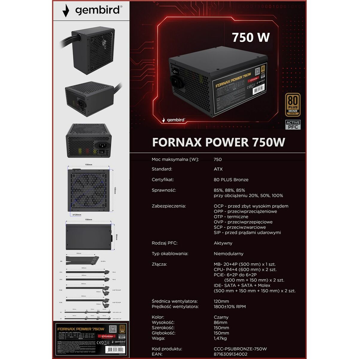 Power supply GEMBIRD CCC-PSUBRONZE-750W